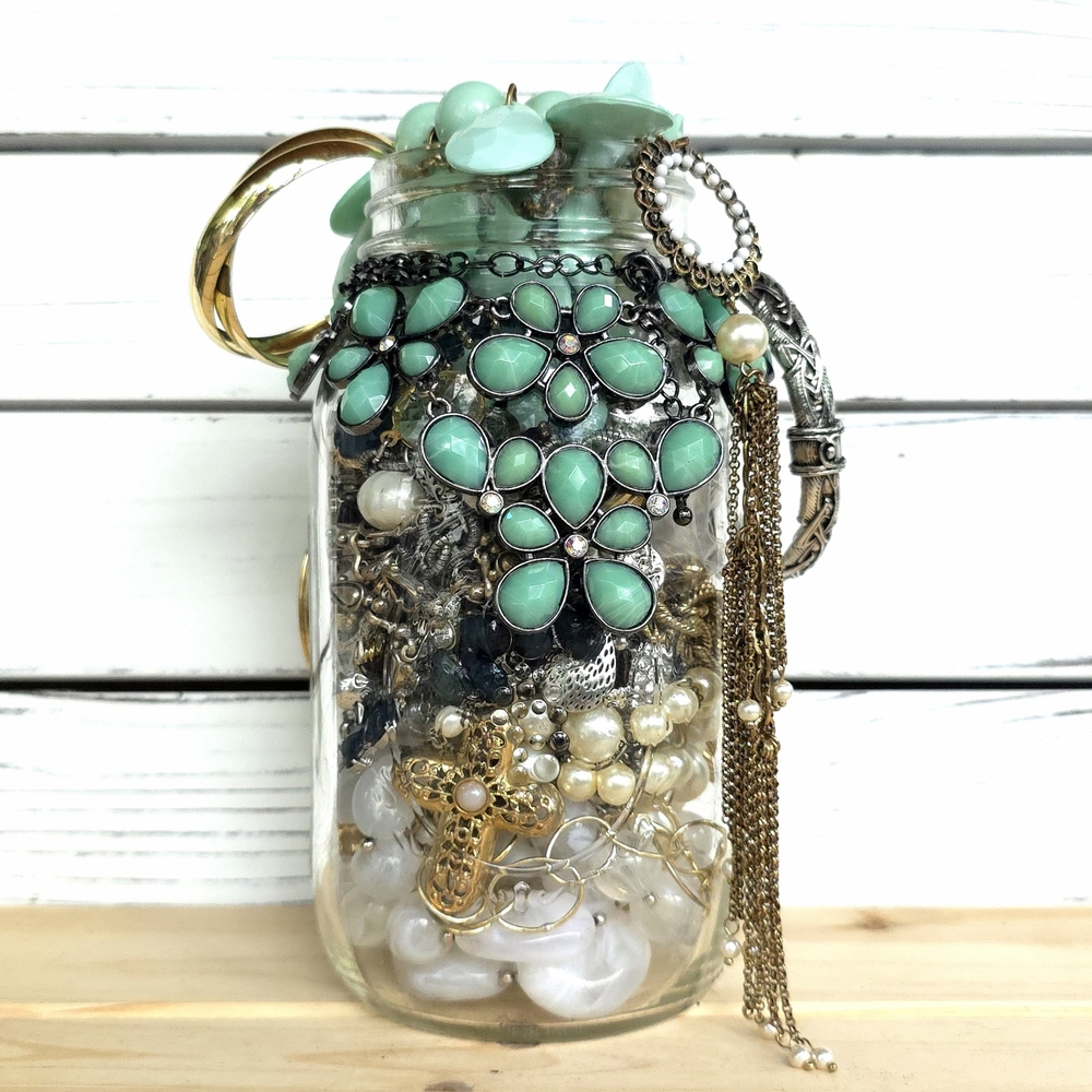 Turquoise Green Curated Jewelry Jar 2lb 12oz Vintage To Now All Wearable 6e